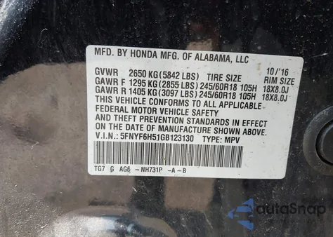 2016 Honda Pilot Exl z USA, uszkodzony, nr VIN 5FNYF6H51GD123130